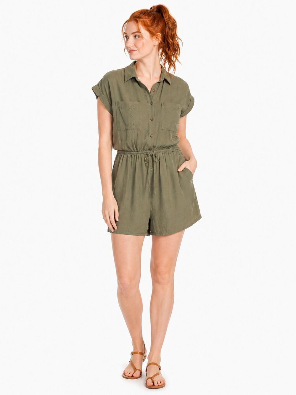 LR4504 Pink Republic Olive Green Utility Romper XS Button Front Drawstring Short